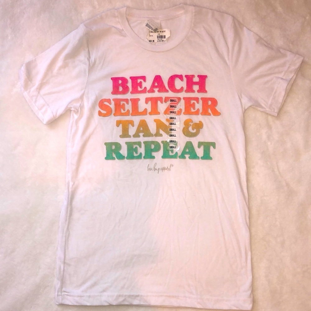 NWT Love Bug Apparel Shirt Short Sleeve Size Small Beach Seltzer Tan and Repeat
